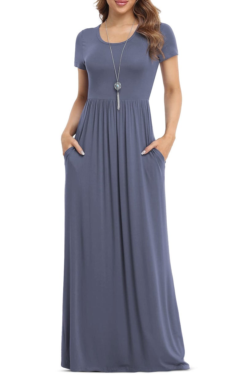 VIISHOW Women's Short Sleeve Loose Plain Maxi Dresses Casual Long Dresses with Pockets (Small, Purple Gray) - Image 1